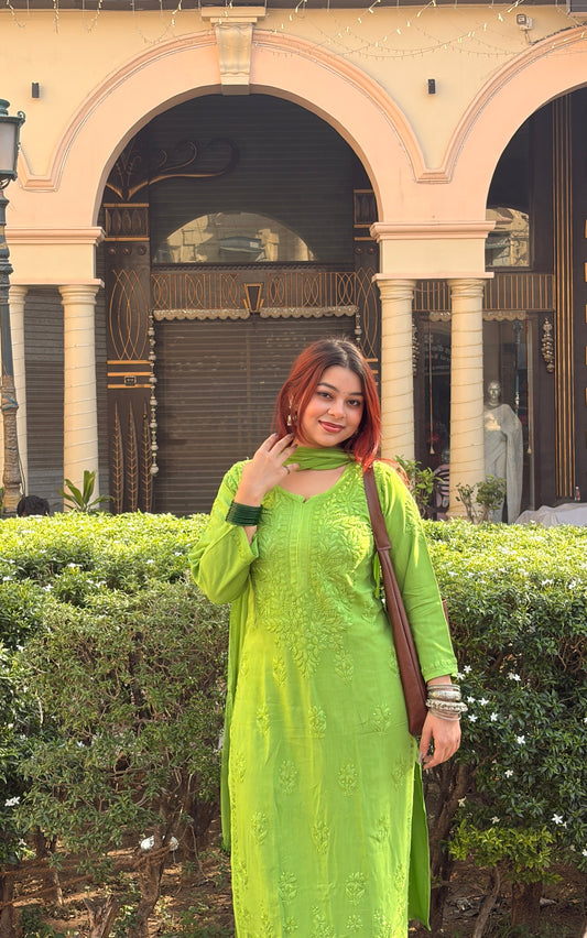 Zeenat henna green rayon Lucknowi chikankari kurta set with dupatta featuring intricate hand embroidery for elegant ethnic wear by Hayat's Lucknowi