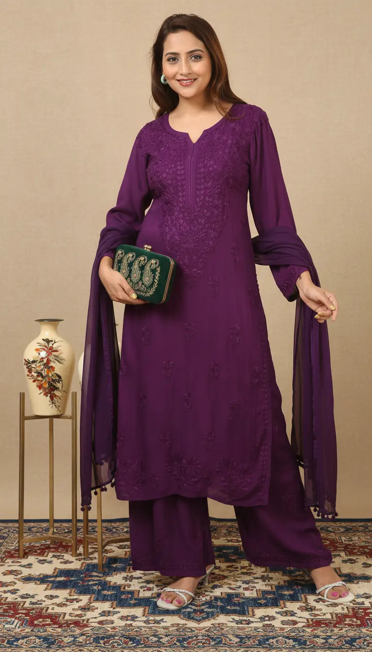 Zeenat purple rayon Lucknowi chikankari kurta set with dupatta featuring intricate hand embroidery and elegant traditional craftsmanship for sophisticated ethnic wear by Hayat's Lucknowi