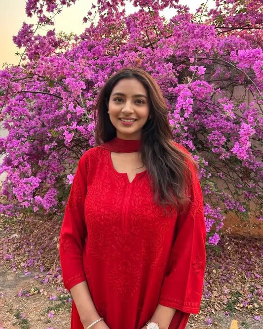 Red rayon kurta set with Lucknowi chikankari embroidery by Hayat’s Lucknowi