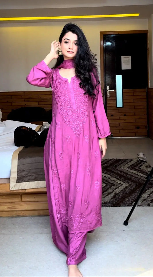 Wine rayon kurta set with Lucknowi chikankari embroidery by Hayat’s Lucknowi