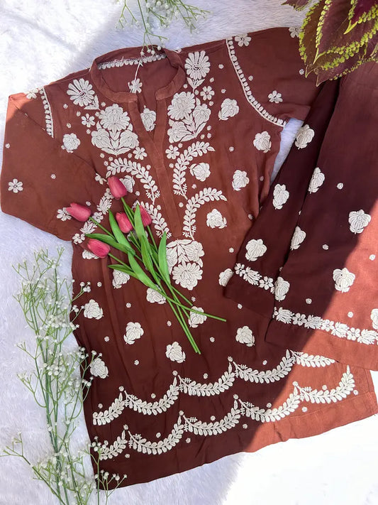Zehra brown premium modal chikankari kurta set crafted with intricate Lucknowi embroidery for sophisticated and stylish ethnic wear by Hayat's Lucknowi