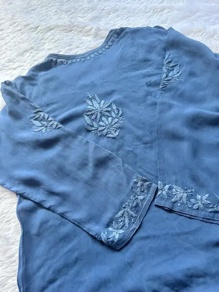 Zoya denim blue georgette chikankari kurta set with dupatta featuring elegant hand embroidery for graceful and stylish ethnic wear by Hayat's Lucknowi