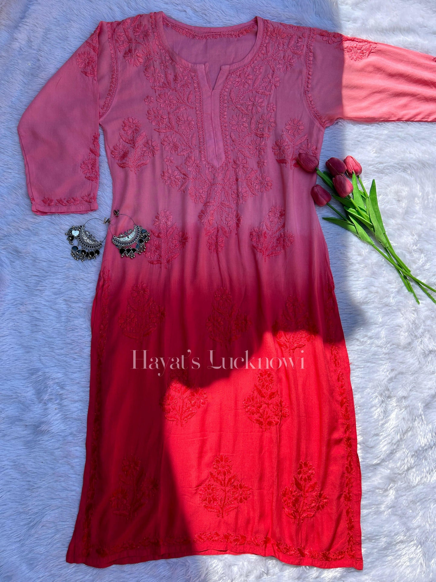 Amara Red Ombre Modal Kurti - Hayat's Lucknowi
