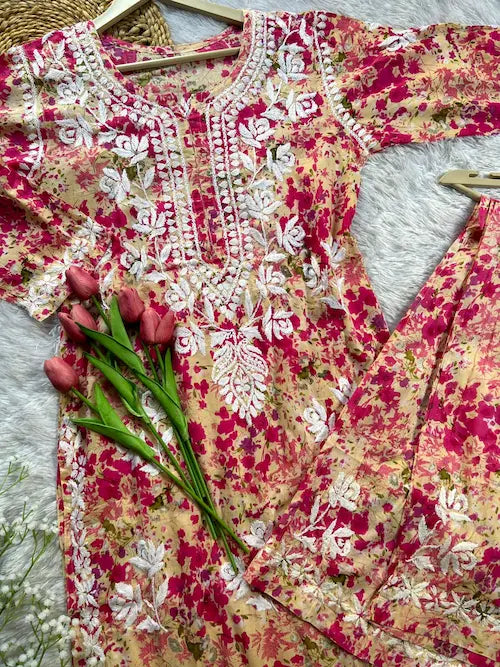 Shifa Pink Chikankari Printed Mul Mul Set
