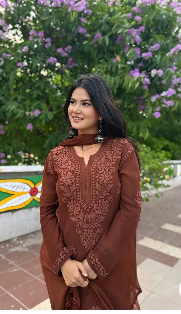 Zoya Brown Georgette Chikankari Suit Set