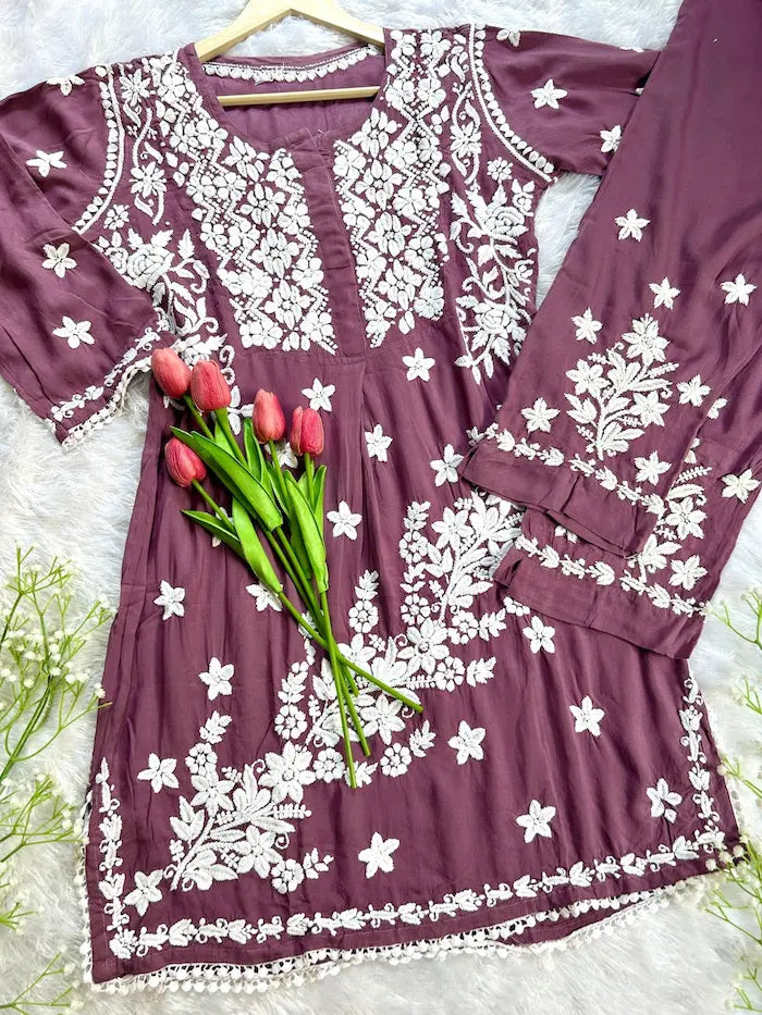 Aiman Mauve Chikankari Modal Co-ord