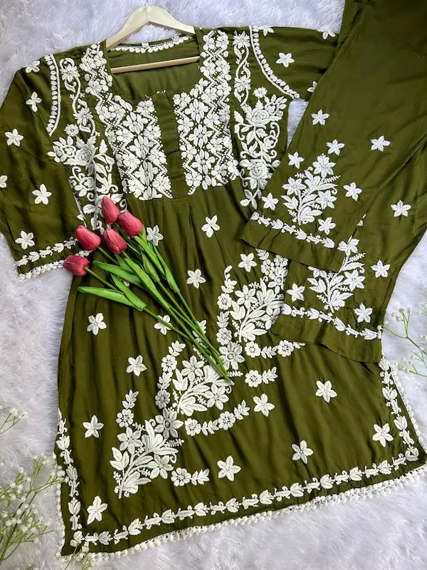 Mehendi green modal co-ord with Lucknowi chikankari embroidery by Hayat’s Lucknowi