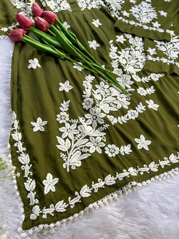 Aiman Mehendi Green Modal Lucknowi Chikankari Co-ord Set