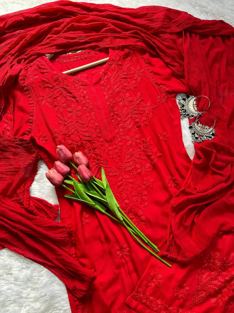 Zeenat Red Rayon Lucknowi Chikankari Set