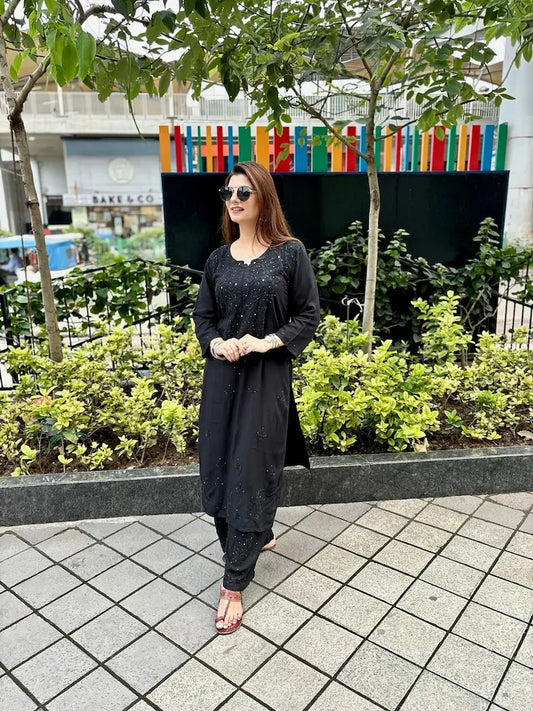 Hand embroidered chikankari kurta plazo set with Mukesh embellishment, Hayat’s Lucknowi