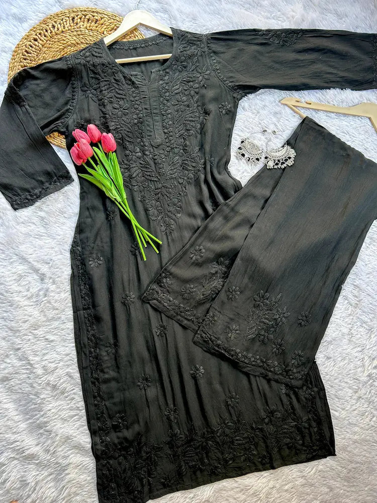 Handcrafted black rayon chikankari kurta set with embroidery