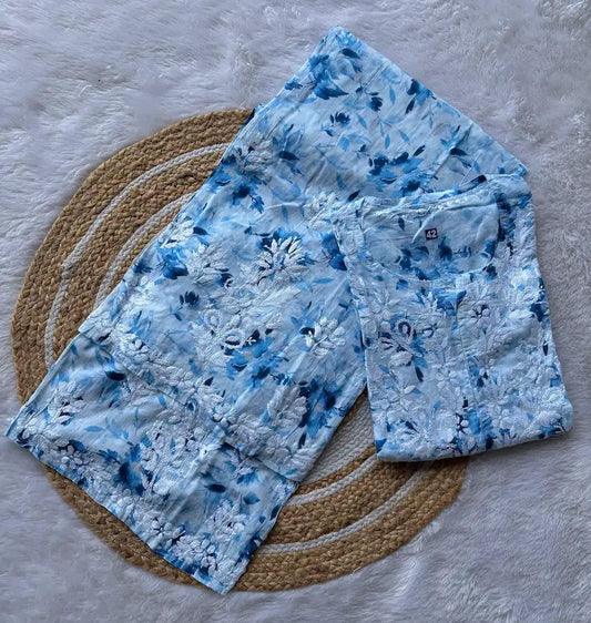 sky blue chikankari kurta plazo set with floral print best for office wear | Hayat's Lucknowi
