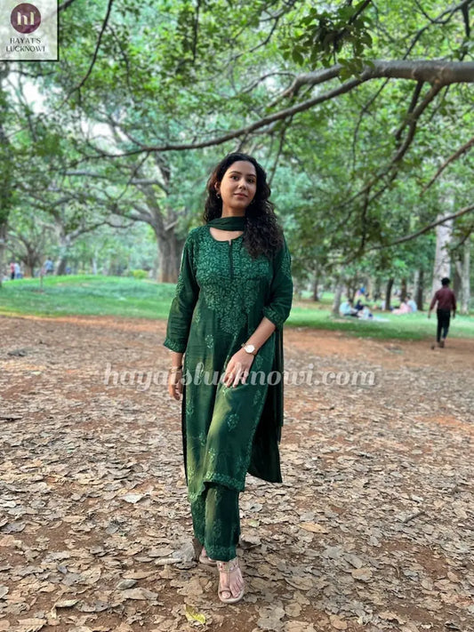 green rayon chikankari kurta plazo suit set  | Hayat's Lucknowi