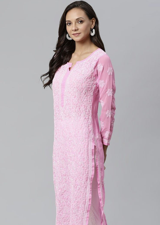 Pink Georgette Chikankari Kurta Plazo Set | Lucknowi 3-Piece Suit