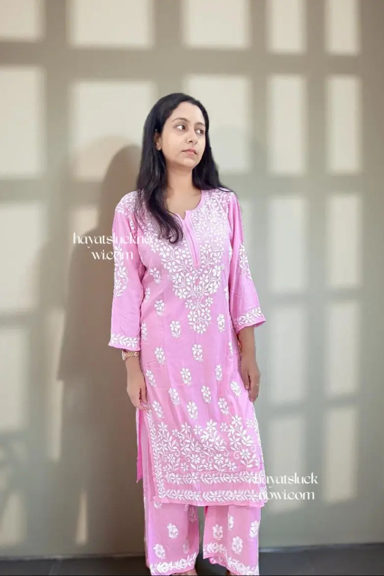 Pink chikankari kurta plazo rayon set for festive wear