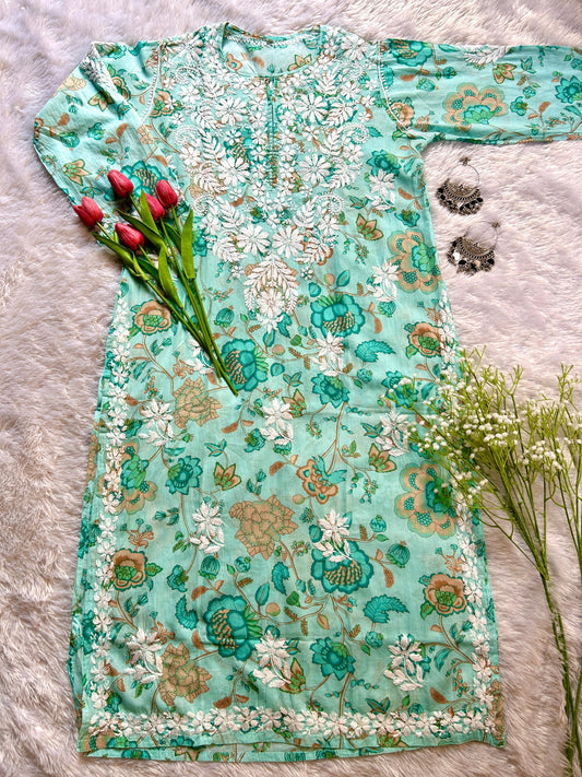 Nida Sea Green Mul Mul Kurta - Hayat's Lucknowi