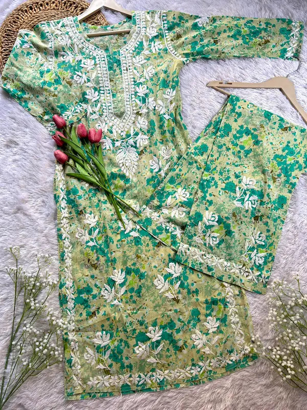 Shifa Green Lucknowi Chikankari Printed Mul Mul Kurta Set