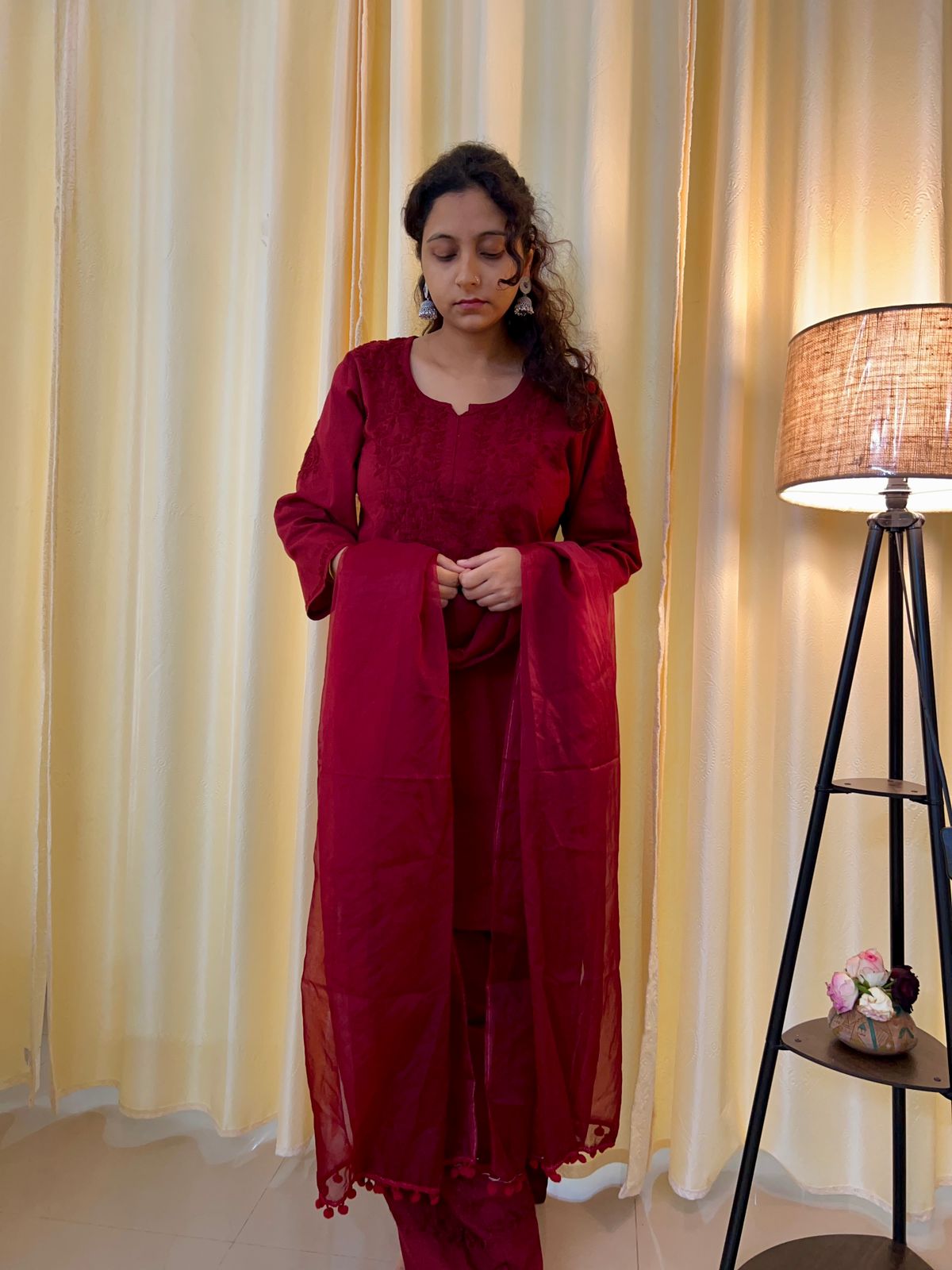 red maroon chikankari farshi shalwar kurta suit organza dupatta ethnic wear