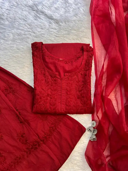 Elegant farshi shalwar suit set with delicate chikankari work and sheer organza dupatta