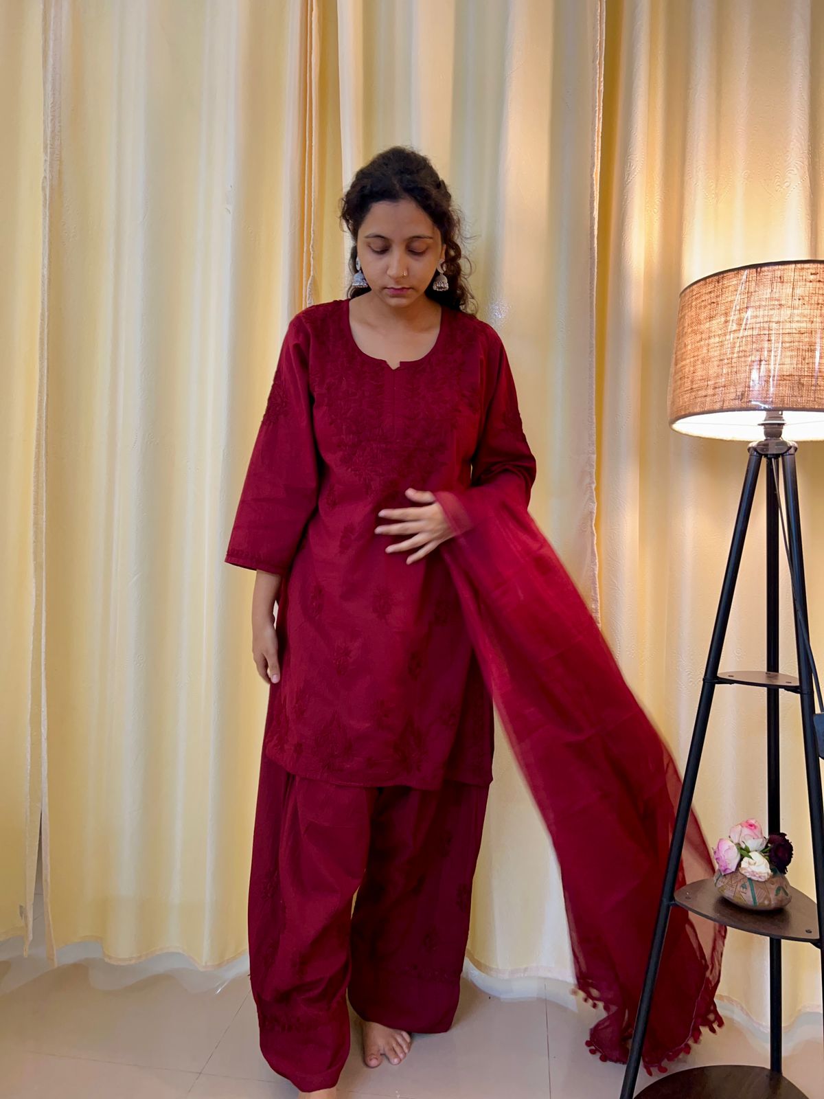 deep red chikankari farshi shalwar suit set maroon organza set ethnic wear