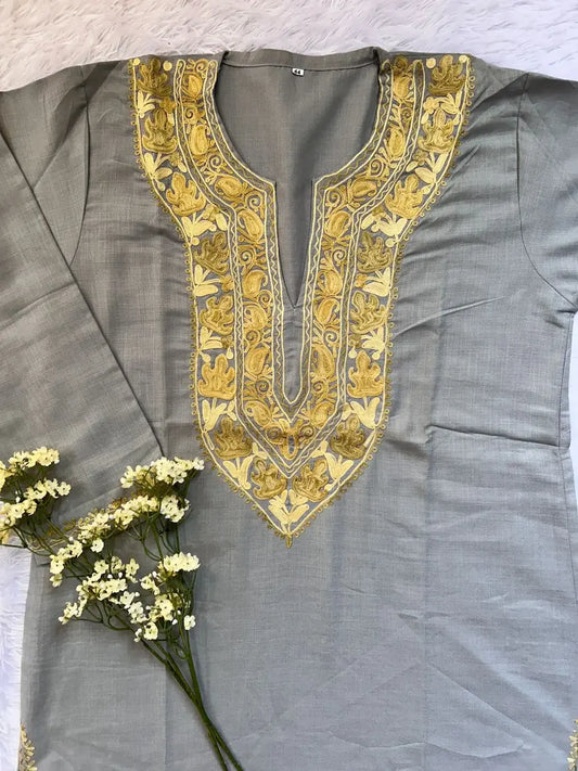 gray kashmiri aari work long kurta