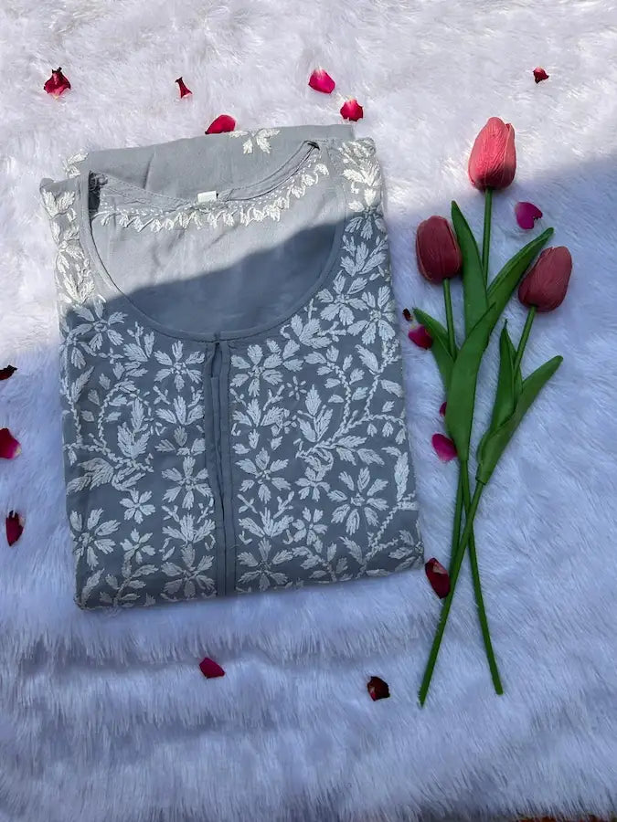 gray hand embroidery chikankari modal straight long kurti