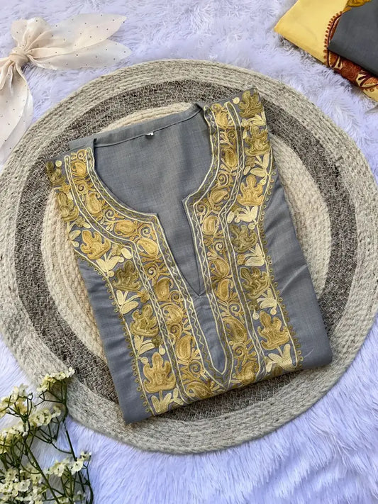 gray aari work kashmiri long kurta pair with any jeans | Hayat's Lucknowi