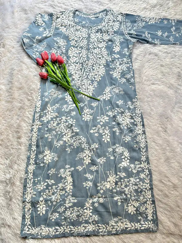 gray mul mul chikankari hand embroidered kurta floral pattern