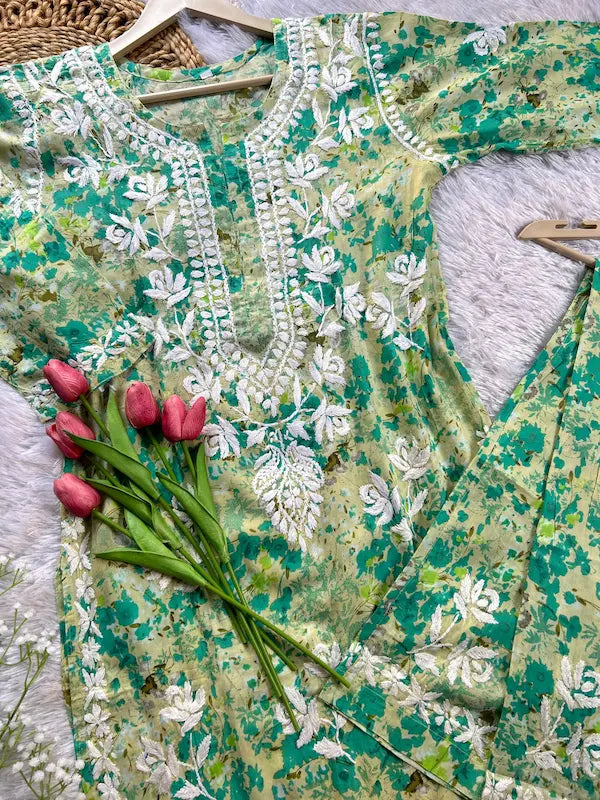 green mal mal chikankari kurta plazo set | Hayat's Lucknowi