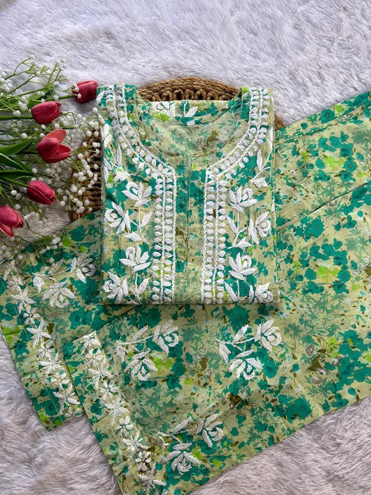 green kurta plazo set in mul mul fabric chikankari set | Hayat's Lucknowi