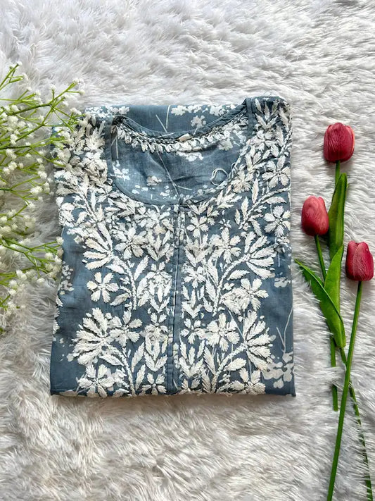 floral pattern grey chikankari kurti hayatslucknowi