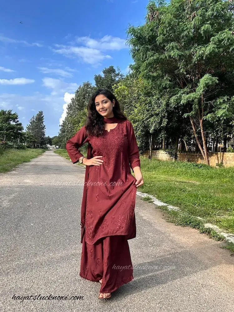 Designer Zeenat brown chikankari rayon suit set for women