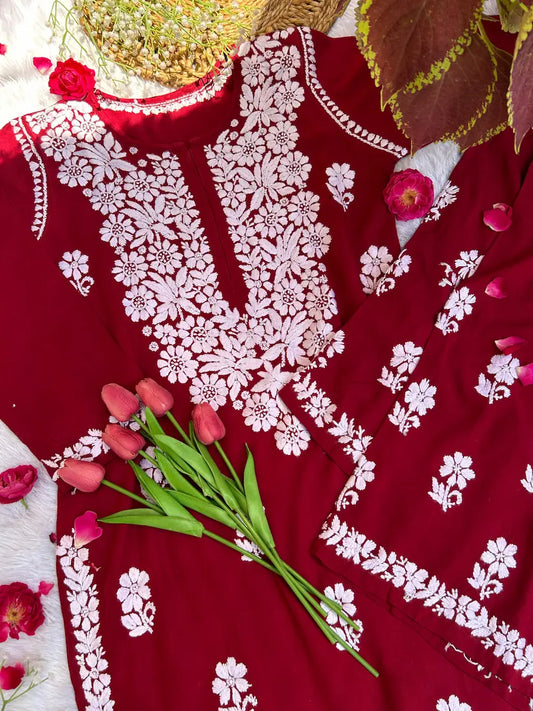 maroon colour rayon chikankari kurta plazo set | Hayat's Lucknowi