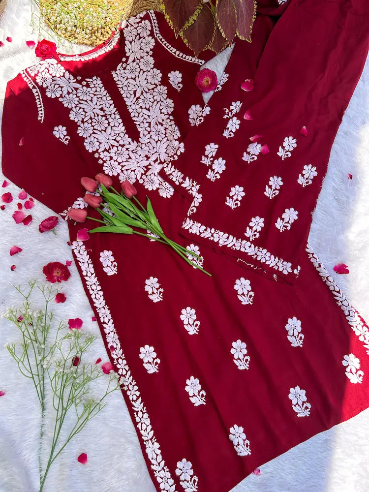 maroon kurta plazo chikankari set with hand embroidery | Hayat's Lucknowi