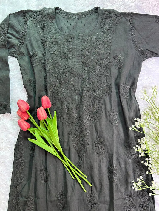 Black dobby cotton kurti with embroidery by Hayat’s Lucknowi