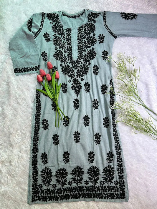 Gray dobby cotton kurti with embroidery by Hayat’s Lucknowi
