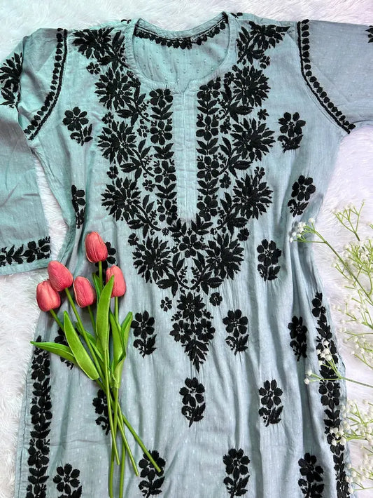 Gray dobby cotton kurti with embroidery by Hayat’s Lucknowi