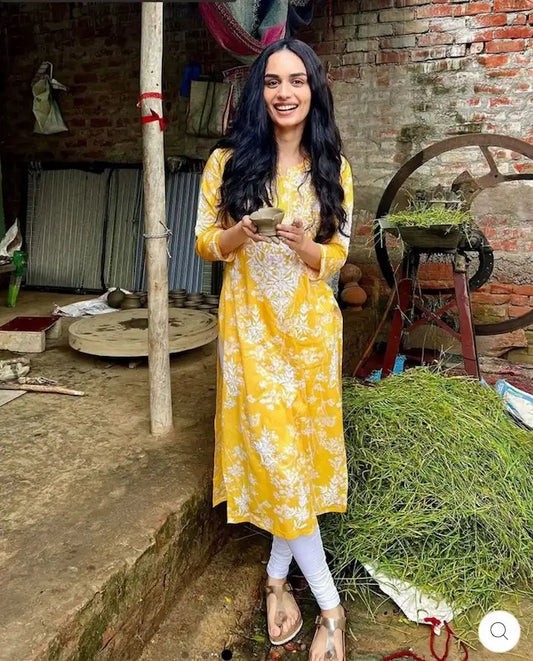 manushi chillar inspired yellow mul mul chikankari kurti