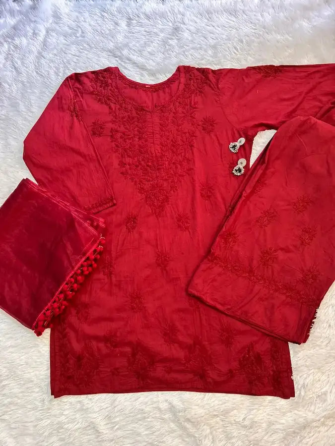 Traditional Lucknowi farshi shalwar suit set with sheer organza dupatta