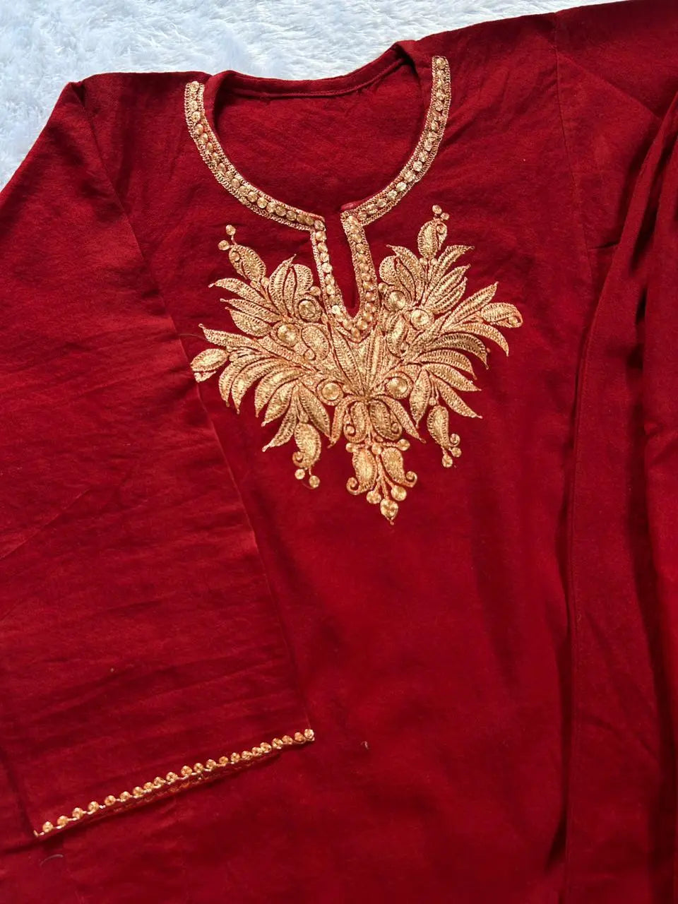 Maroon Kashmiri Tilla Work Woolen Pheran by Hayat's Lucknowi