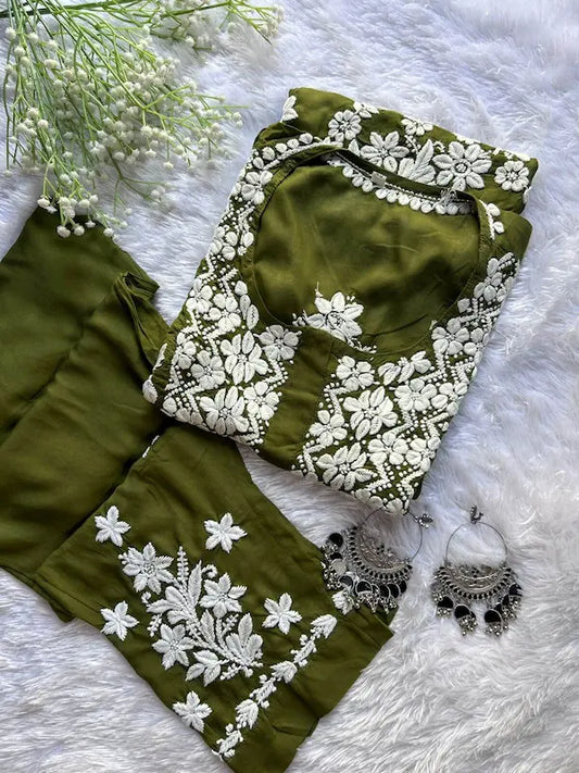 Mehendi green modal co-ord with Lucknowi chikankari embroidery by Hayat’s Lucknowi