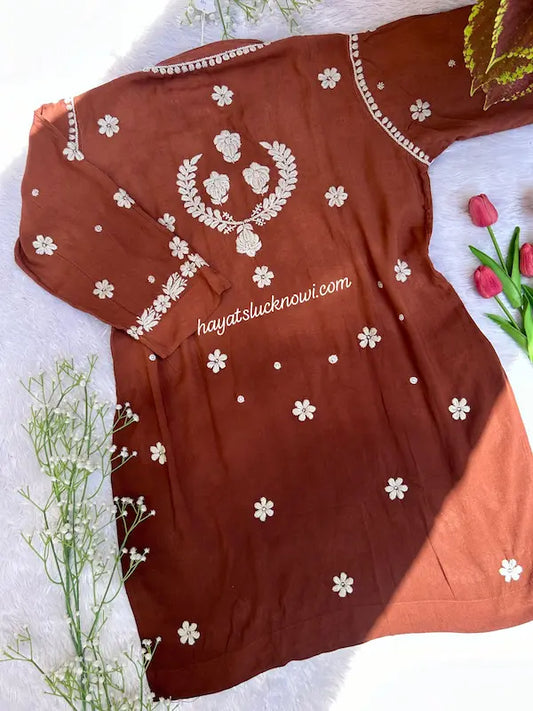 Brown premium modal co-ord with chikankari embroidery by Hayat’s Lucknowi