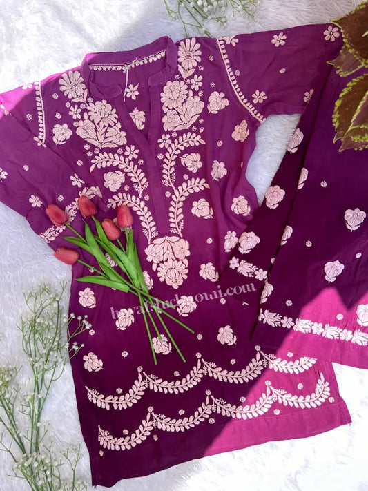 purple heavy chikankari 3D work kurta and plazo co-ord best for modern girlies and genz style