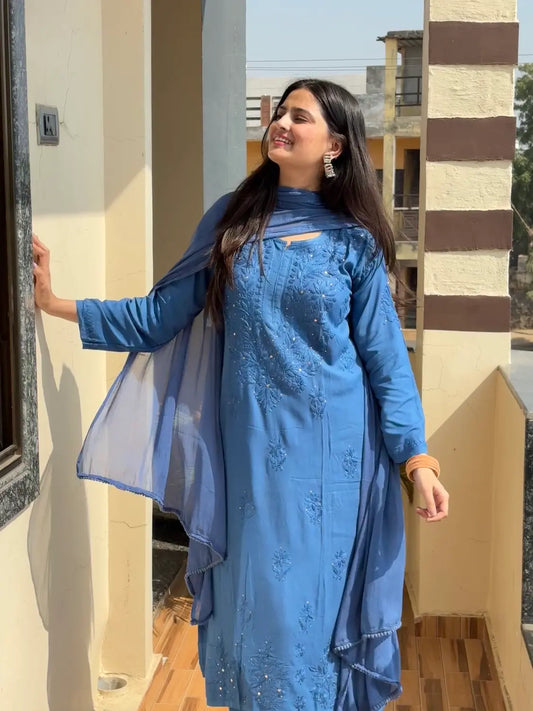 Nagma Blue Rayon Lucknowi Mukesh Chikankari Set by Hayat's Lucknowi