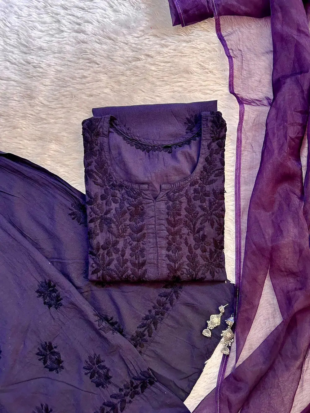 navy blue chikankari farshi shalwar suit set with organza dupatta with intricate hand embroidery