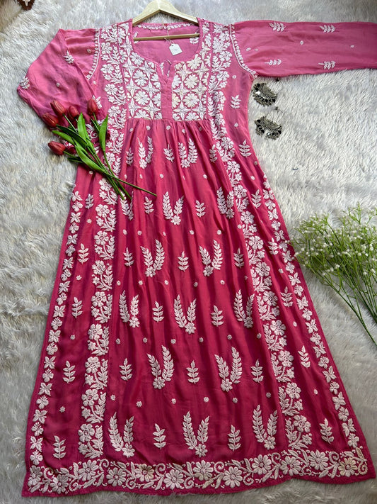 Nisha Pink Muslin Nyra Cut Chikankari Kurti - Hayat's Lucknowi