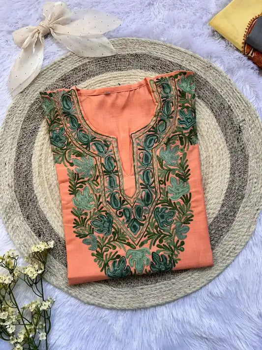 Embroidered orange and green aari work kashmiri long kurta by Hayat's Lucknowi