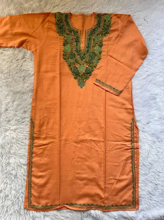 peach kurta with green embroidery kashmiri aari work long kurta, can be pair up with jeans | Hayat's Lucknowi