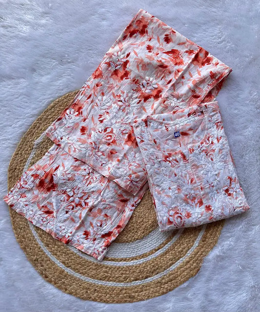 peach mul mul chikankari kurta plazo set floral print | Hayat's Lucknowi