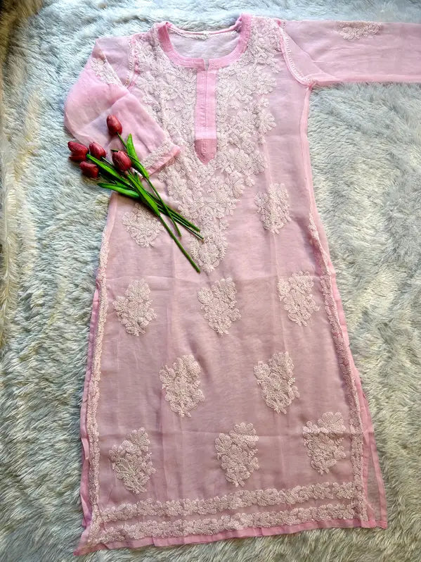 Pink embroidered kurta chikankari | Hayat's Lucknowi